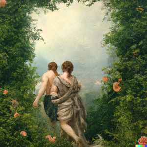 Oil painting of Adam and Eve leaving the garden of Eden , Mahmood Saeed