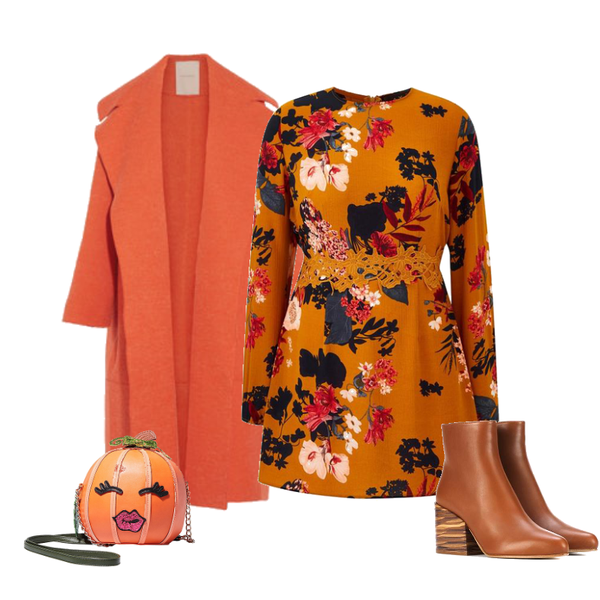 autumn flowery dress with pumpkin spice color Fashion look URSTYLE
