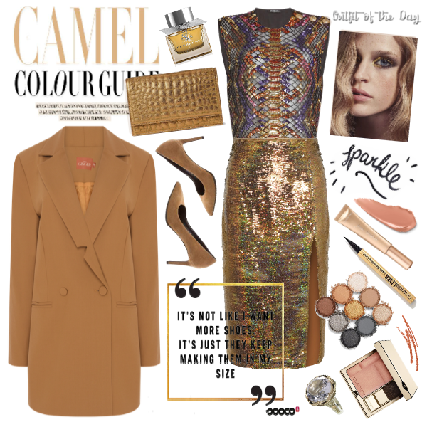 Camel Blazer + Metallic Pencil Skirt - Fashion look - URSTYLE