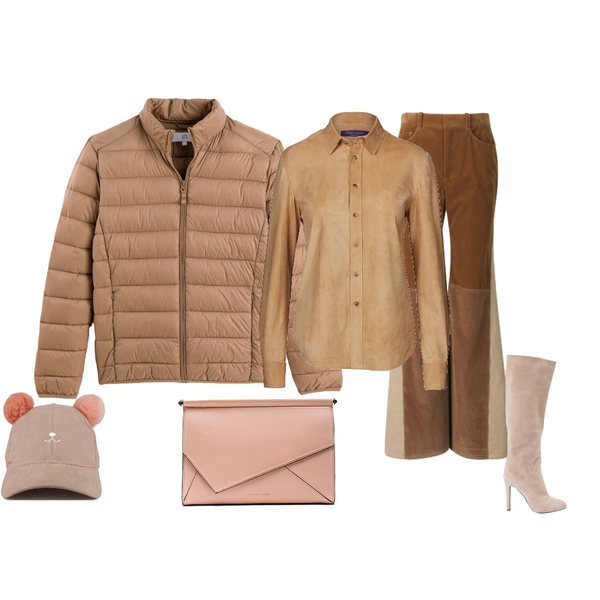 Suede puffer jacket and animal hat and patchwork pants