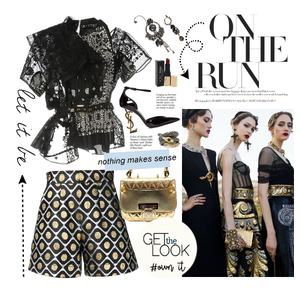 *Sheer Blouse + Metallic Geometric-Print Shorts
